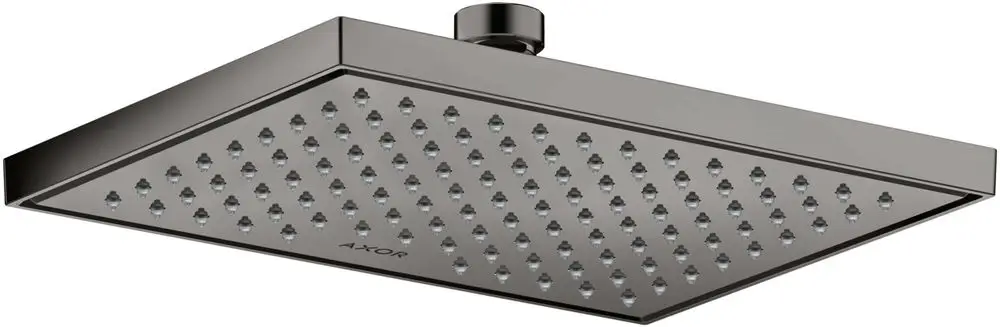 Kopfbrause in rechteckiger Form mit zahlreichen Düsen, montiert an einem zentralen Halter, hergestellt von AXOR in poliertem schwarzchrom.